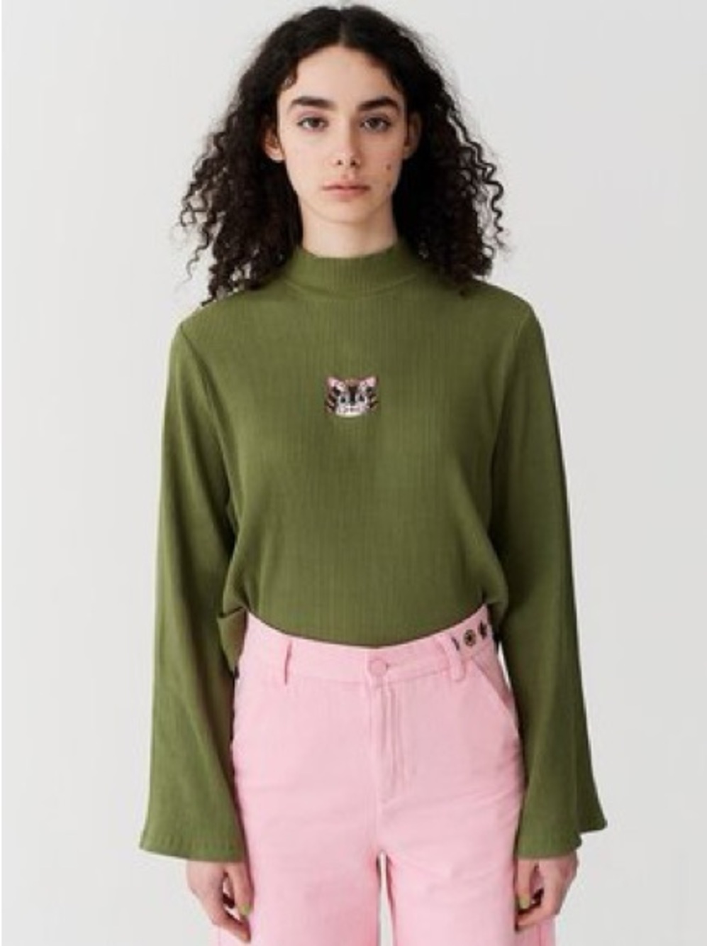 Lazy Oaf Olive Ribbed Mock Neck Long Sleeve Top with Cat Patch